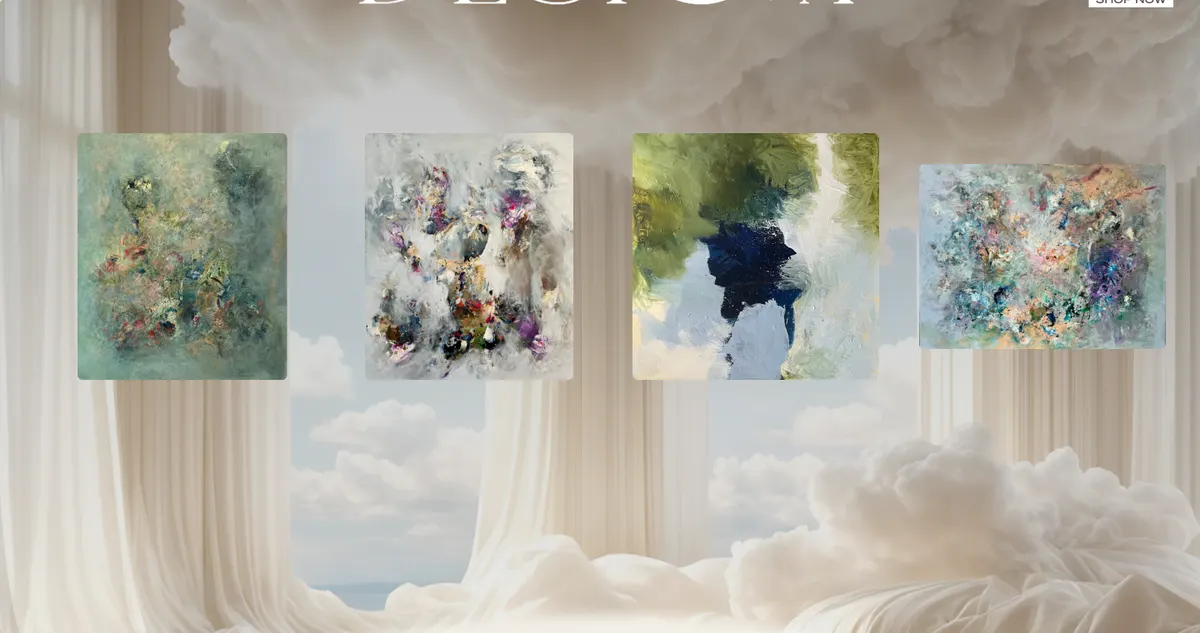 Paintings hanging in a room full of clouds on the-boyd.com