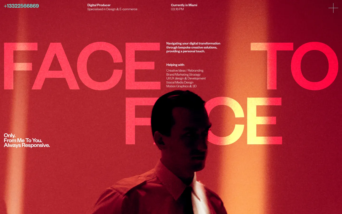 Face to Face, a red film-grain portfolio for a digital producer